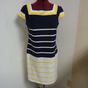 Studio I Size 6 Navy Blue Yellow and Cream Striped Mini Dress